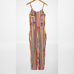 ThreadStory Womens Lightweight Jumpsuit Ruffle Sleeveless Vertical Striped M